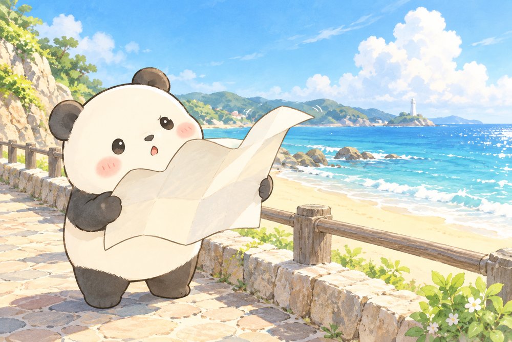海辺の遊歩道で白い地図を広げて道のりを確かめるパンダのナビ助