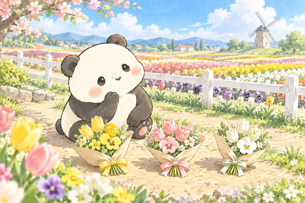 春の花畑で3つの花束を見くらべるパンダのナビ助
