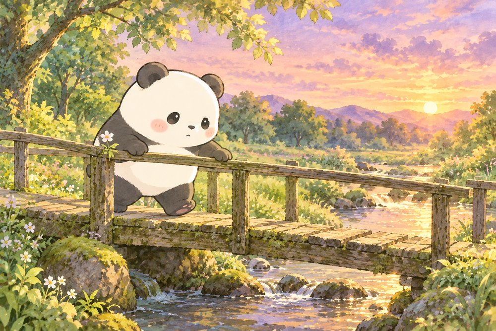 夕方の小川の木の橋を手すりにつかまって慎重に渡るパンダのナビ助