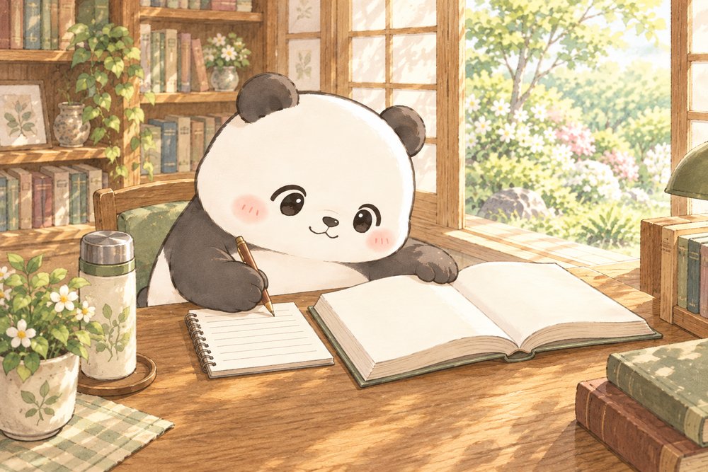 図書館で本を読んでノートに書き込むパンダのナビ助