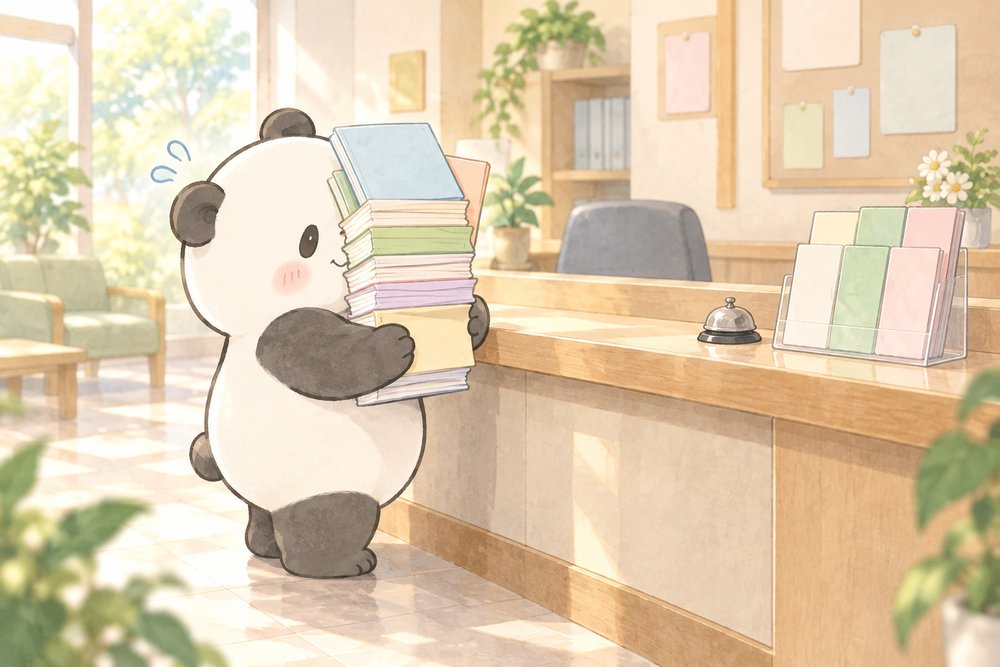 相談窓口でパンフレットを抱えすぎるパンダのナビ助