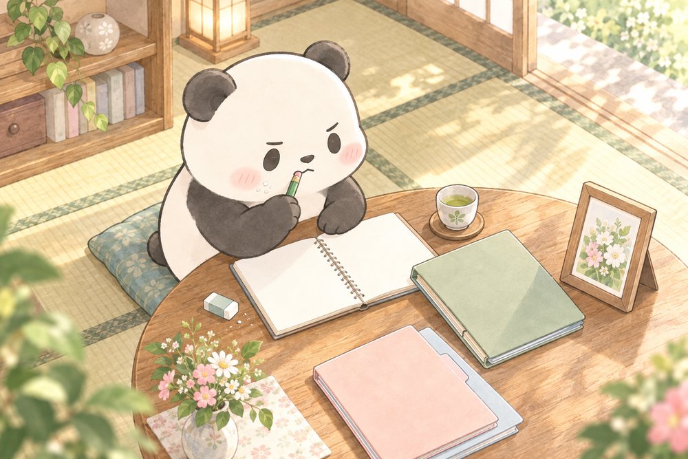相談前に聞きたいことをノートにまとめるパンダのナビ助