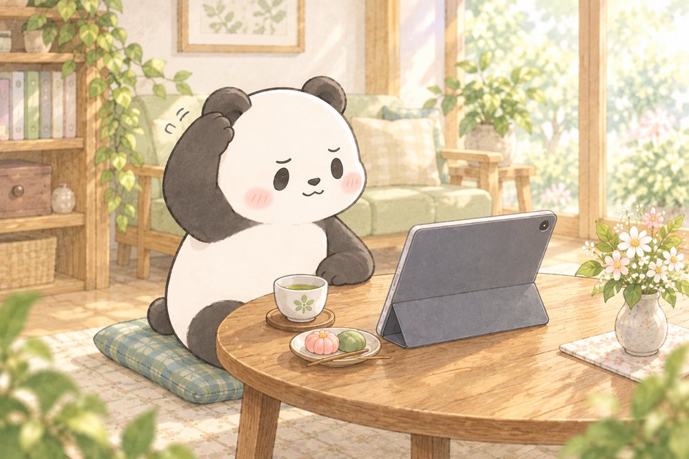 タブレットでオンライン相談の準備をするパンダのナビ助