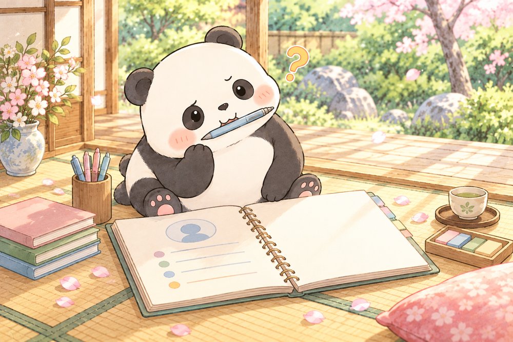 ペンをくわえて最初のページに悩むパンダのナビ助