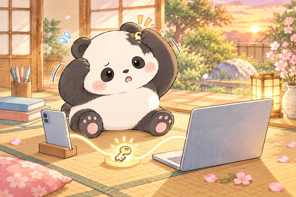 毛の中に隠れた小さな鍵をさがすパンダのナビ助