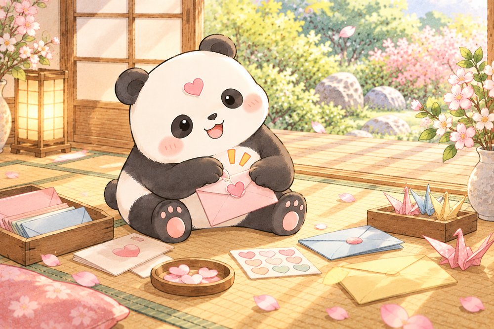手紙に封をしておでこにもハートがつくパンダのナビ助