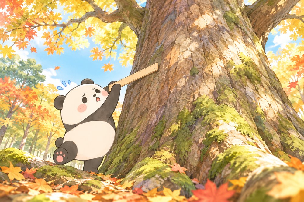 森の大木の太さを定規で測るパンダのナビ助