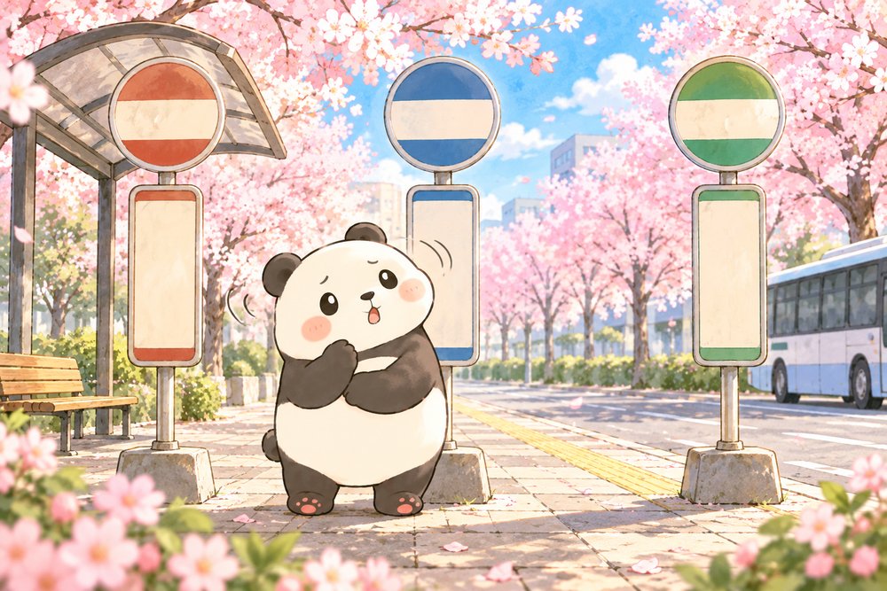 桜並木のバス停で行き先を見比べるパンダのナビ助
