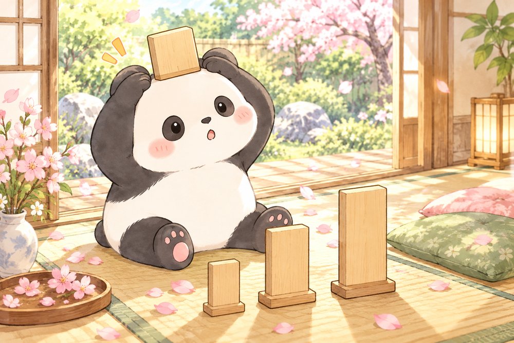 木の札を頭にのせて大きさ順を確かめるパンダのナビ助