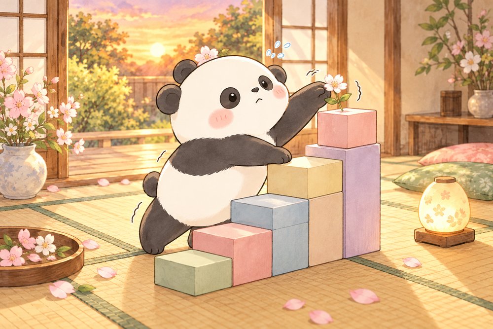 箱の山のてっぺんに花をのせようと背伸びするパンダのナビ助