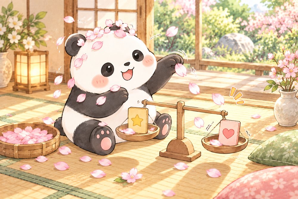 花びらだらけになって天秤をのぞくパンダのナビ助