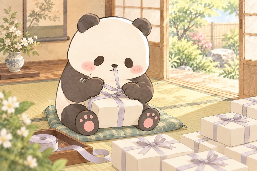 引き出物にリボンを結んで準備するパンダのナビ助