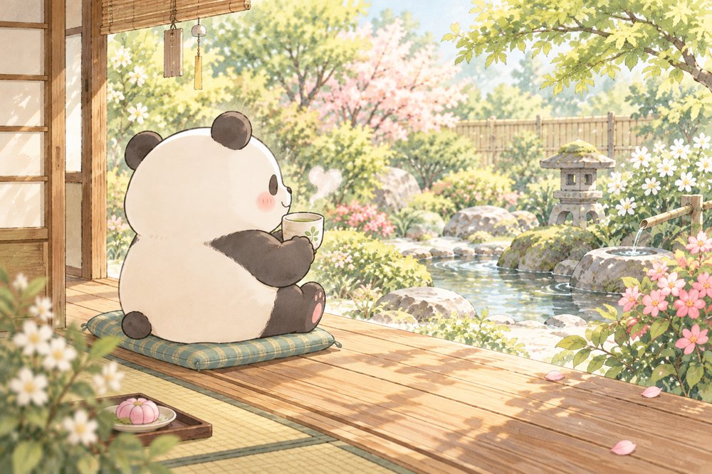 縁側でお茶を飲んで一息つくパンダのナビ助