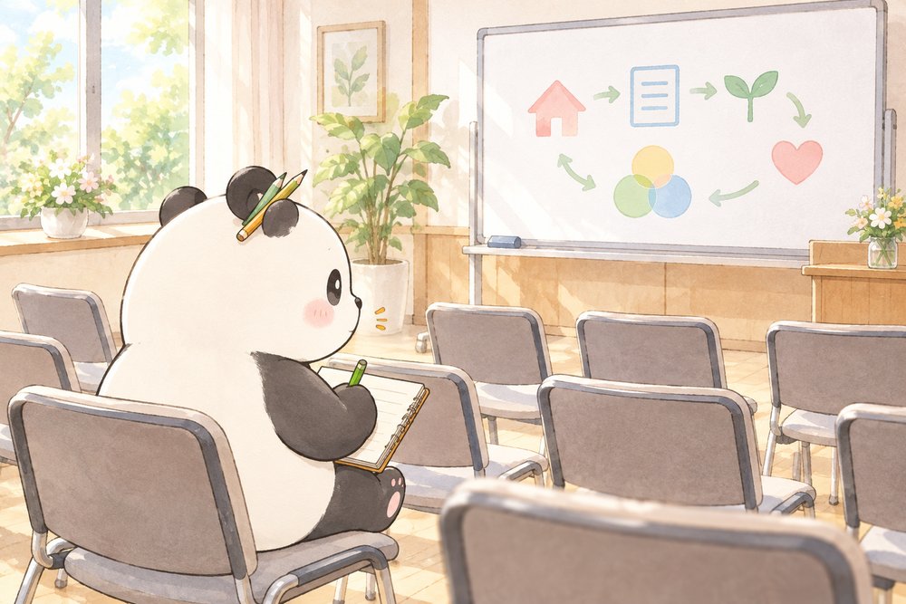 セミナー会場でメモをとるパンダのナビ助