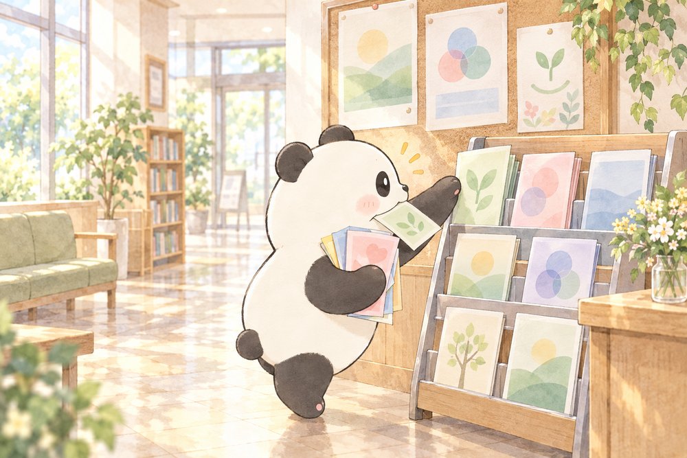 公民館で無料セミナーのチラシを集めるパンダのナビ助