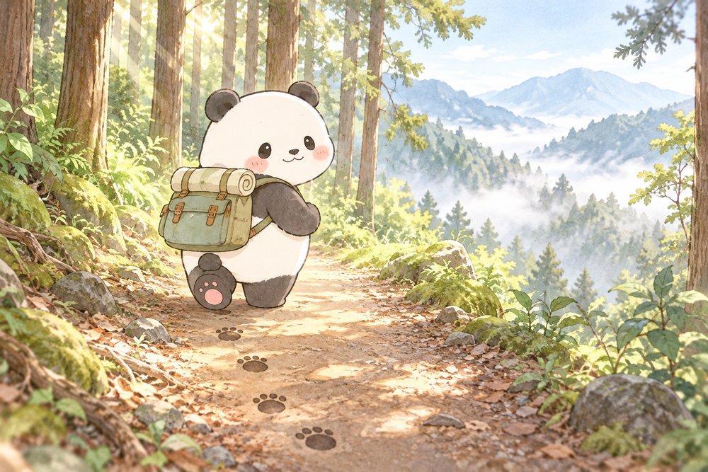 朝の林道を1歩ずつ落ち着いて進むパンダのナビ助