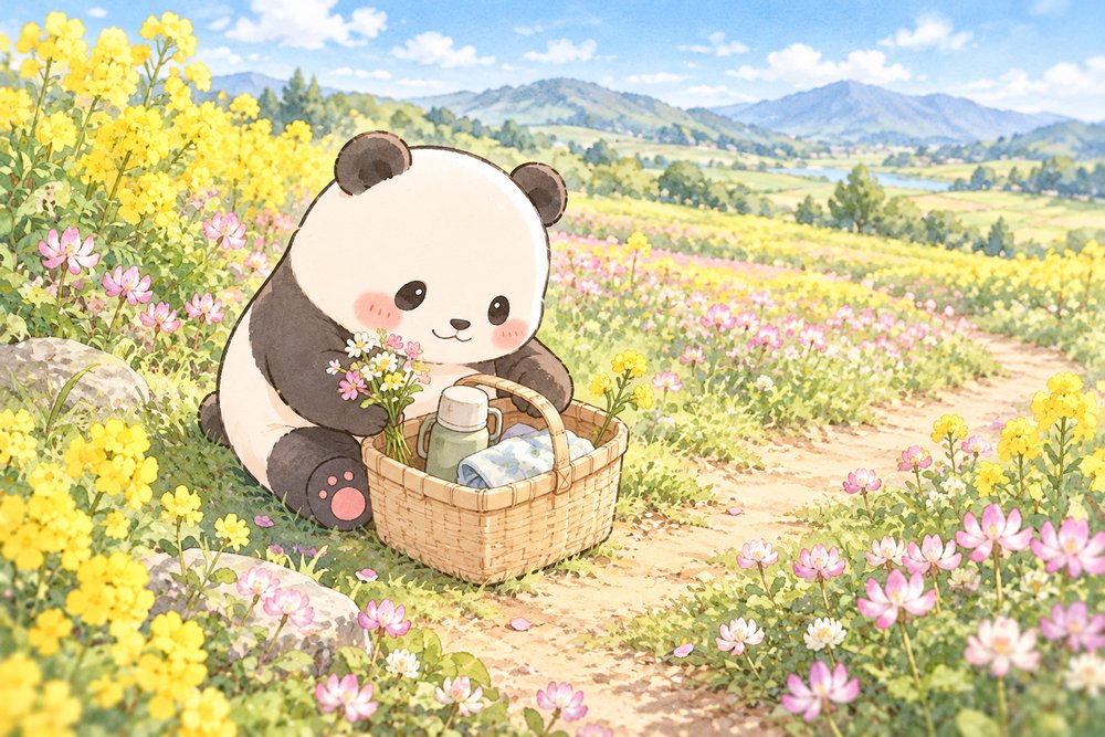 春の野原でかごに持ち物を忘れずに入れるパンダのナビ助