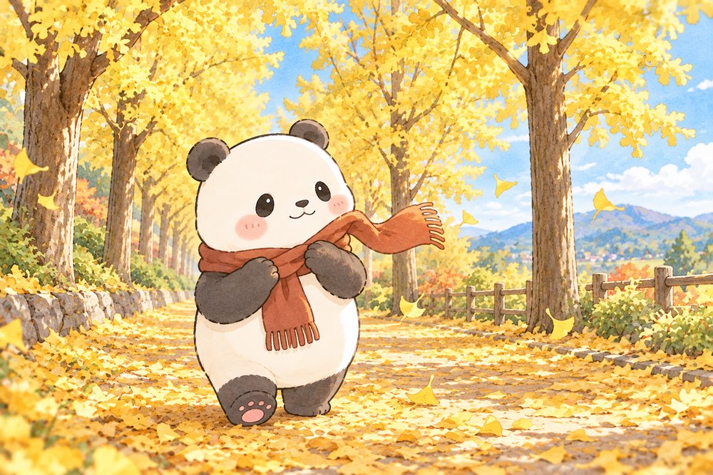 秋のいちょう並木でマフラーを整えるパンダのナビ助