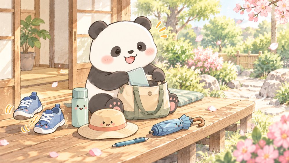 縁側でお出かけの持ち物をバッグに入れて準備するパンダのナビ助
