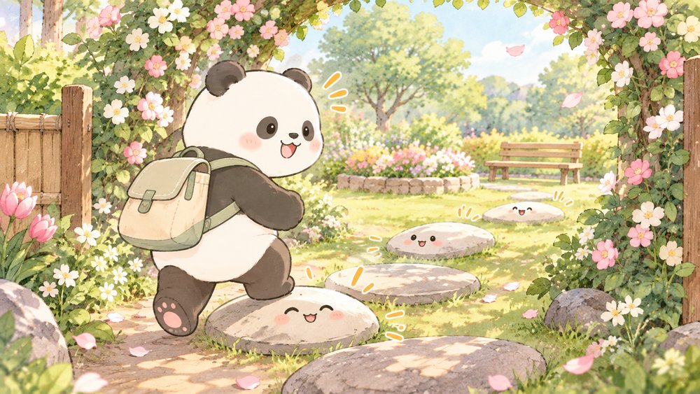 花のアーチをくぐり飛び石を順にたどるパンダのナビ助