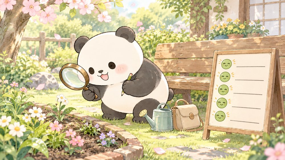 虫めがねで花壇を確かめ、チェックボードと見くらべるパンダのナビ助